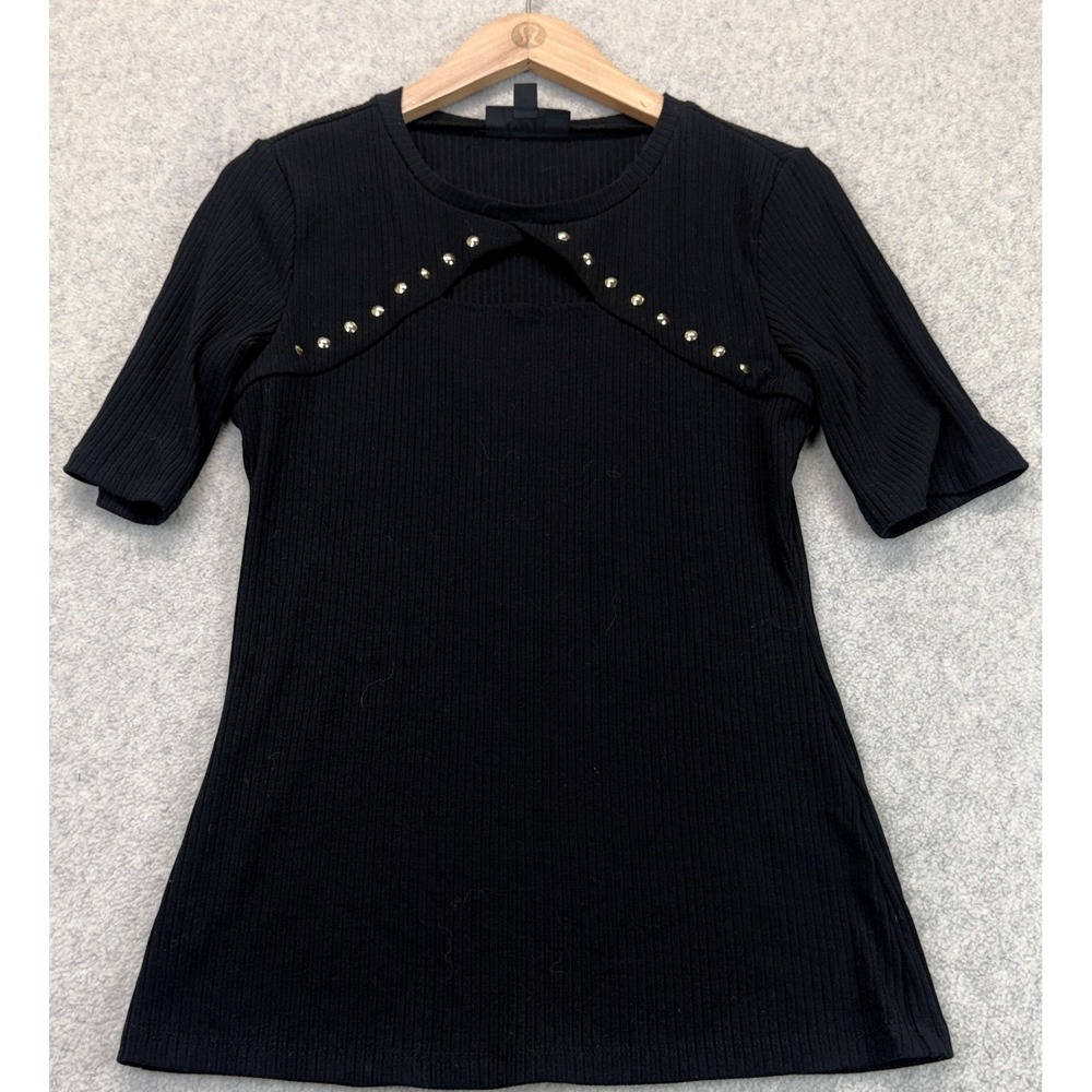 INC International Concepts Womens Studded Cutout Top Black Short Sleeve Glam S